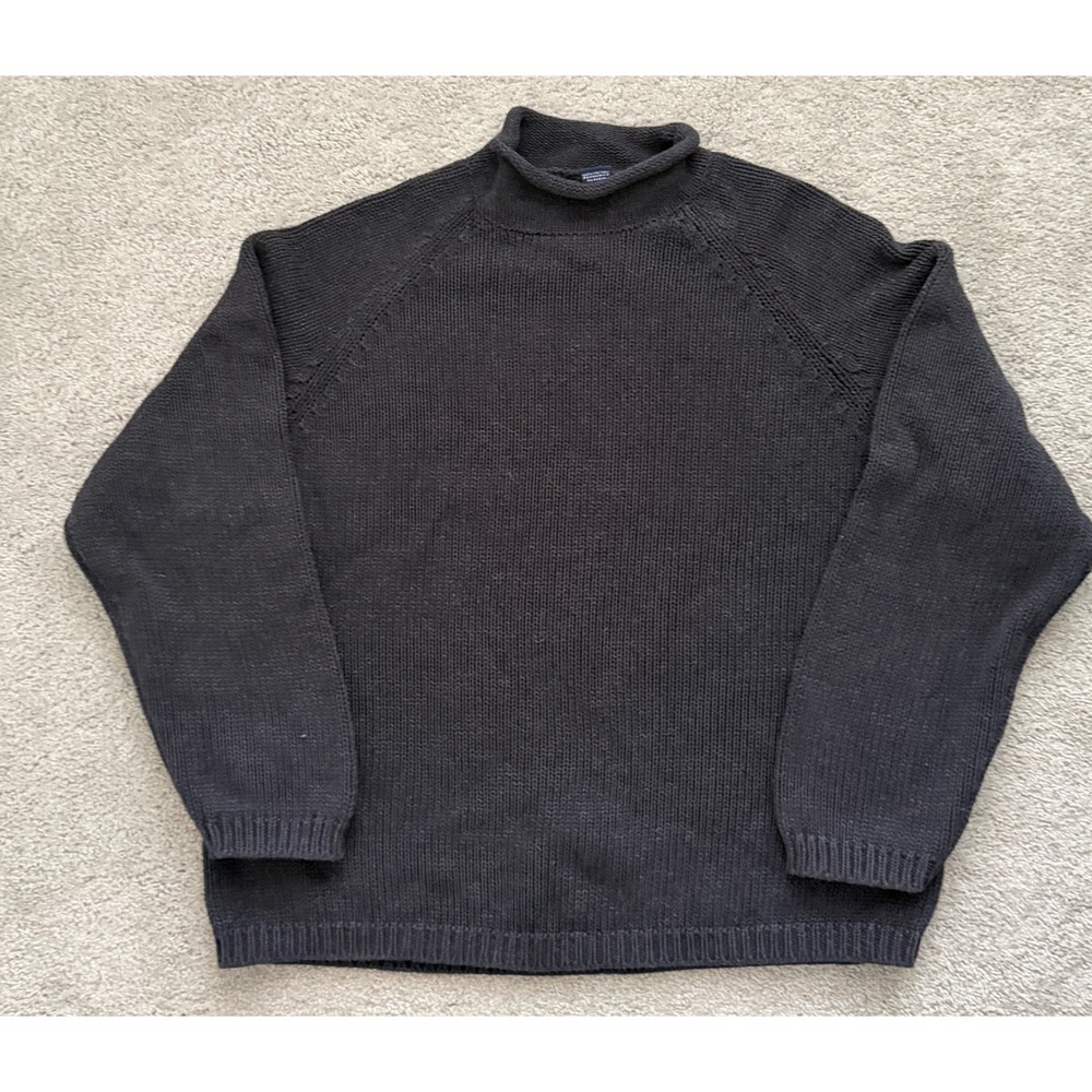 Lands End Vintage 100% Cotton Navy Mock Neck Shaker Knit Sweater XL Raglan